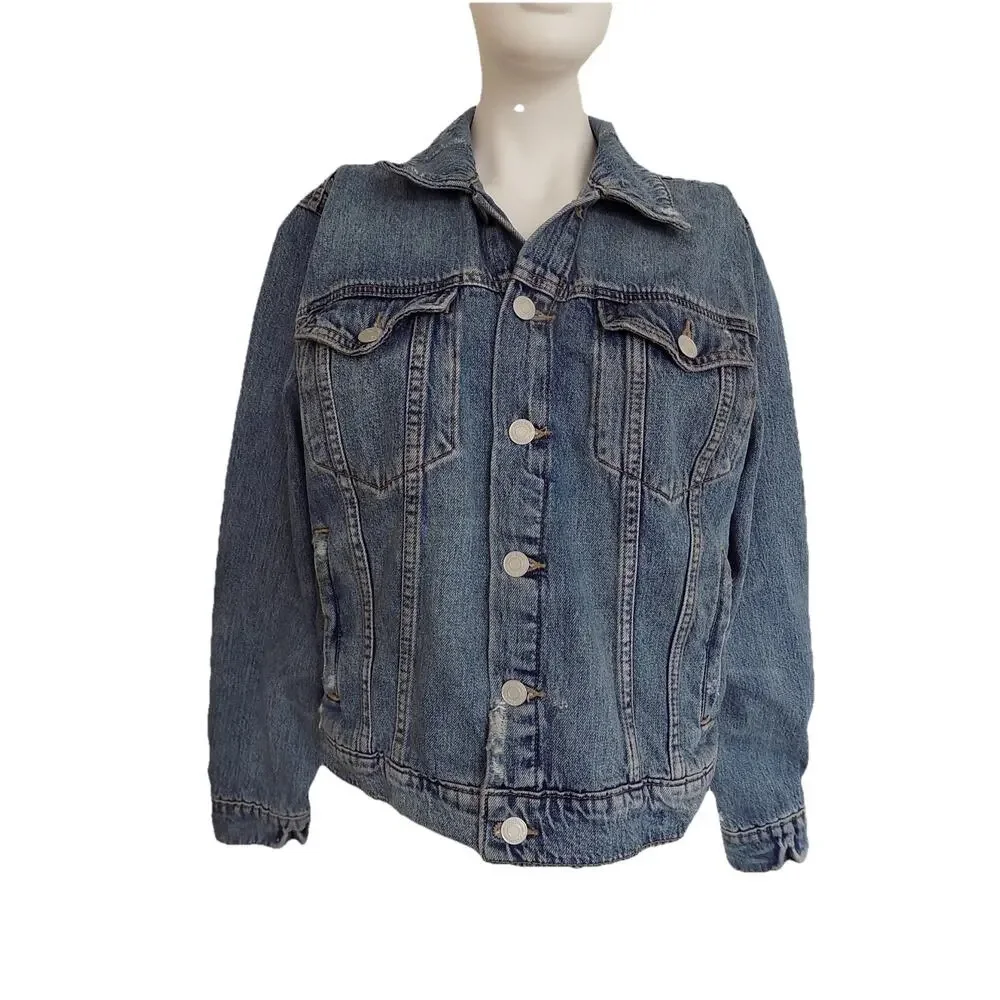 Lucky Brand denim jacket trucker distressed womens size Large